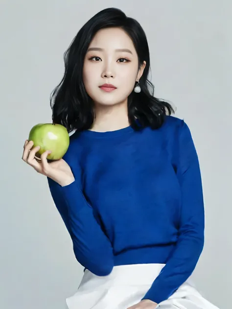 (((Imagem realista de uma atriz coreana de 40 anos!!! Inspirada na atriz Gong Hyo-jin!!! Ela é simpática!!!araffe woman in blue sweater holding an apple and wearing white skirt, lee ji - eun, lee ji-eun, with apple, park ji-min, jaeyeon nam, heonhwa choe, ...