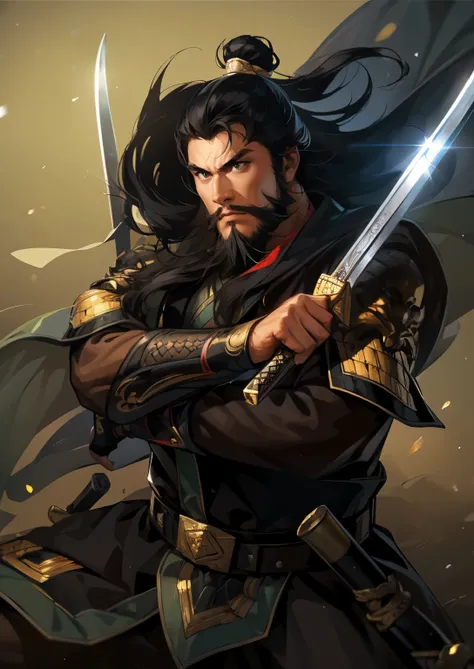 (((Maintain color ))), ((( picture style maintenance ))), ((Maintain the composition)), Attractive Man , perfect face, ((black eyes)), (( black hair)), ((rich beard)), Man wielding a sword, warrior