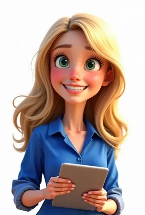 Create a Pixar , A young girl,  around 20 years old , blonde, with long and modern hair,  in a cut that enhances her oval face . . Her eyes are large and expressive, green in color, giving off a cheerful vibe and she smiles cheerfully. She has delicate fea...