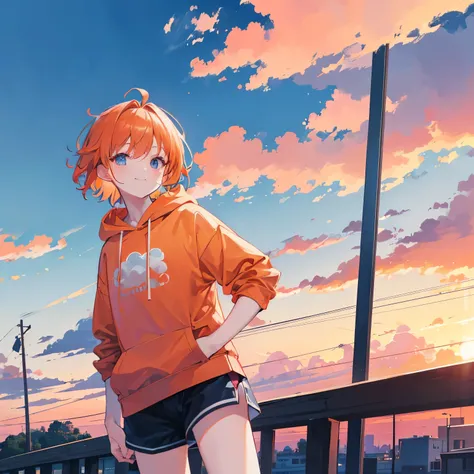  orange hair , shortcut from elbow to hand,  bun hair, pink eye, smile,  casual clothes,  hoodie, ( facing forward :1.2), blue sky,  Horizontal Line, (frame:1.2), (Cumulus clouds:1.2), sunset, (masterpiece), (Highest quality, 8k, High Resolution), 超High Re...