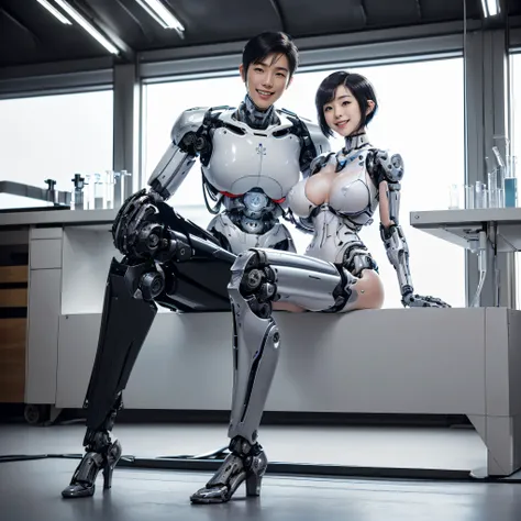 ((((The detached head of a young, beautiful Japanese man with large mechanical breasts, an extremely thin waist, and extremely long, thin legs all sit on the neck of an unshiny black mechanized female cyborg body)))), ((((Ultra short hair)))), ((((Greatest...