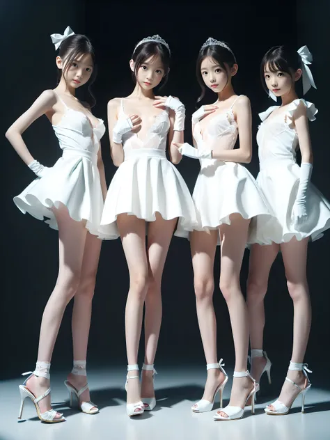 (((Full body portrait:1.5))),(A three-person idol group dressed in pure white outfits),(very cute petite Japanese girls with a slender body and a baby face),(Short stature and skinny body),(short limbs),(extremely cute girls),(very short pure white lace mi...