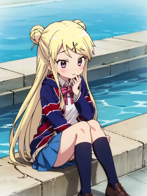 1girl with thick thighs in a miniskirt sitting poolside solo KUJO KAREN UNION JACK JACKET, STRIPED BOW, WHITE SHIRT, LONG SLEEVES, PLEATED SKIRT, BLUE SKIRT, KNEEHIGHS Loss of Appetite 、nausea、Karen's face, knees, and thick thighs