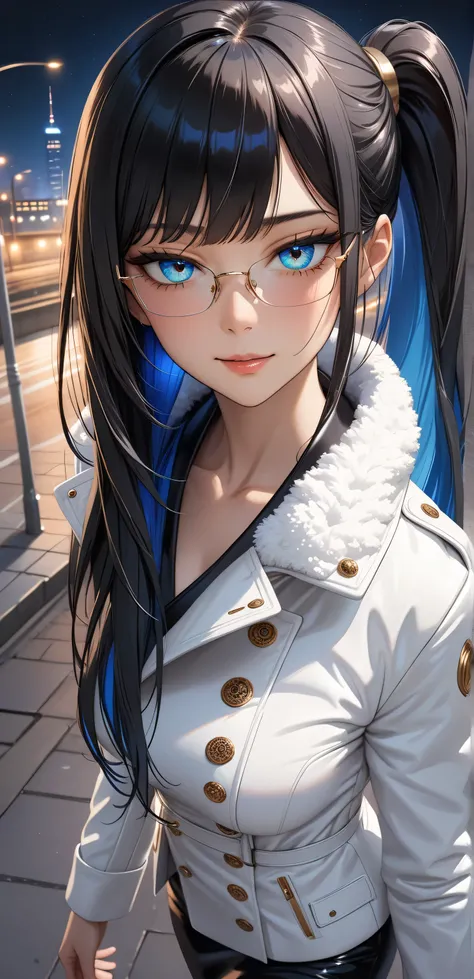 Close up, upper body, Random Sexy pose , ((Ultra detailing)), ((very aesthetic, best quality, ultra detailed)), intricate details, 1girl, ((long hair, Black hair, Side ponytail, blue inner hair)), ((Multi colour eyes)), ((Detailed eyes)), ((Beautifull eyes...