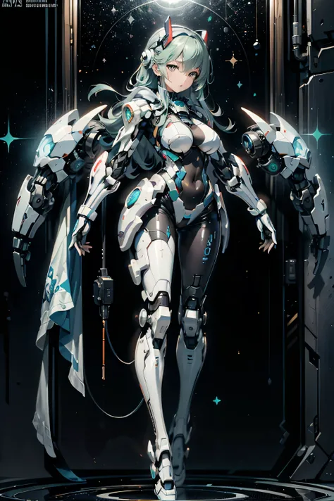 ((Holographic Glow Effect))、  Gundam Wing Cockpit, Lantern、masterpiece、Highest quality、1 person、medium bust、((Album Cover))、Light on Face、slender body、white and blue pilot suit with enamel finish、  elbow length gloves  、long hard boots 、exoskeleton、Metal G...