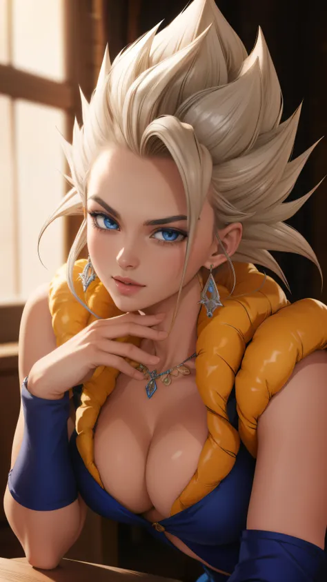  RAW photo, (  highly detailed skin ,   Detailed eyes :1.1),  intricate details  ,  The best quality, 8k UHD,  soft lighting , vegeta, Beauty queen, (girly:1.2),  a girl,  pending, jeweler&#39;s,  white gloves  , pelo de punta, dougi, smile, blonde,  green...