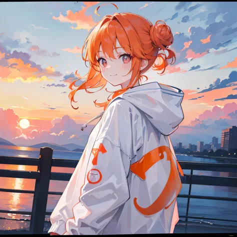  orange hair , shortcut from elbow to hand,  bun hair, pink eye, smile,  casual clothes,  hoodie, ( facing forward :1.2), blue sky,  Horizontal Line, (frame:1.2), (Cumulus clouds:1.2), sunset, (masterpiece), (Highest quality, 8k, High Resolution), 超High Re...