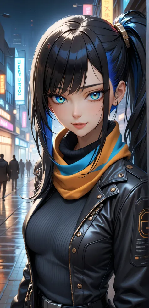 Close up, upper body, Random Sexy pose , ((Ultra detailing)), ((very aesthetic, best quality, ultra detailed)), intricate details, 1girl, ((long hair, Black hair, Side ponytail, blue inner hair)), ((Multi colour eyes)), ((Detailed eyes)), ((Beautifull eyes...