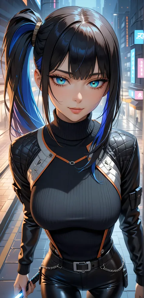 Close up, upper body, Random Sexy pose , ((Ultra detailing)), ((very aesthetic, best quality, ultra detailed)), intricate details, 1girl, ((long hair, Black hair, Side ponytail, blue inner hair)), ((Multi colour eyes)), ((Detailed eyes)), ((Beautifull eyes...