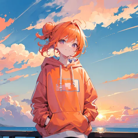  orange hair , shortcut from elbow to hand,  bun hair, pink eye, smile,  casual clothes,  hoodie, ( facing forward :1.2), blue sky,  Horizontal Line, (frame:1.2), (Cumulus clouds:1.2), sunset, (masterpiece), (Highest quality, 8k, High Resolution), 超High Re...