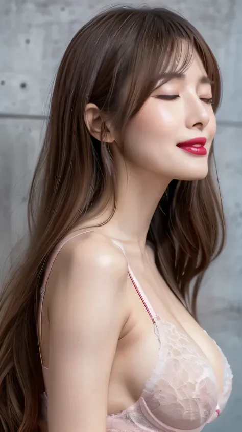  very detailed,   masterpiece ,  Highest quality , (( Photorealistic:1.4)), ((slender body:1.4))、((( open your mouth wide、with closed eyes)))、30 year old japanese woman , detailed faces ,   Detailed Eyes  、((makeup、lipstick)) 、(( from side))、(( light beige...