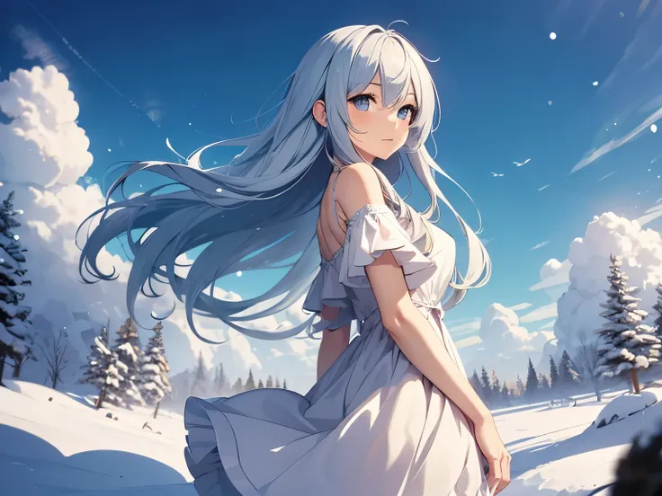 Anime girl character with soft blue flowing hair, and wearing a dress, with a background winter 
