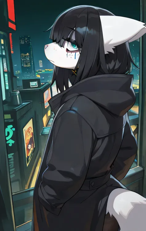 in, top quality,  masterpiece、furry, Female Emo、is tall、black coat、Sharp gaze 、Overlooking the town、dark cyberpunk tower city、night