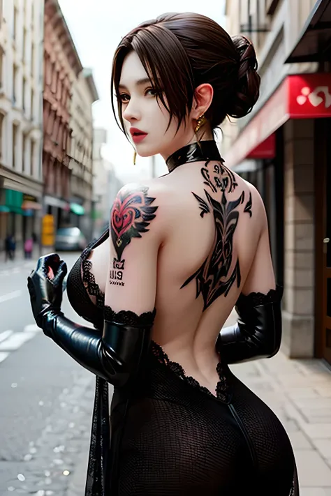 Wearing a black backless lace dress, (tattoo_woman:1.4) stands on a city street with European-style buildings in the background. Her dress is beautifully designed with red lace on the hem and cuffs, creating a sense of luxury. She wears gold earrings and b...