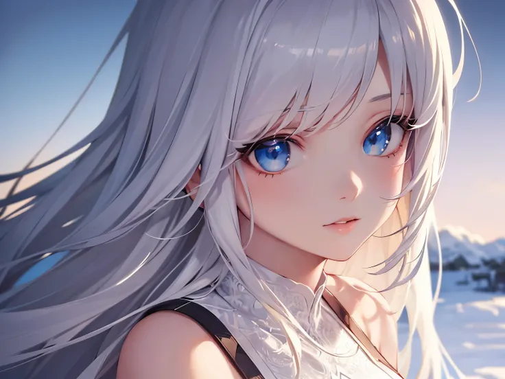 Anime girl character with white flowing hair, blue eyes and wearing a dress, with a winter background (best quality:1.1), (masterpiece:1.2), high quality shadow, beautiful detailed, (high detailed skin, skin details), (wide_landscape, 8k), beautiful face, ...