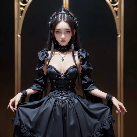 ((masterpiece)), ((best quality)), ((ultra-detailed)),((hyperrealistic)),(japanese cute girl),(shiny skin),(black hair),long hair,forehead,(plain forehead),(black eyes,tareme,droopy eyes),(small breasts.slenderbody),,,(Envision a Gothic Lolita Princess sty...