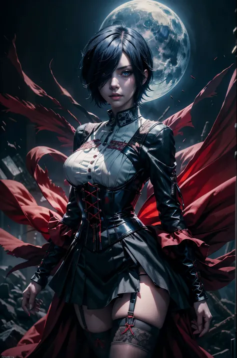 Kirishima Touka , Tokyo ghoul  > "Hyper-realistic gothic girl, short black hair covering one eye, deep blue eye, perfect skin , wearing a detailed red and black corset dress with lace and ribbon details, dark fantasy atmosphere, cinematic lighting, ultra H...