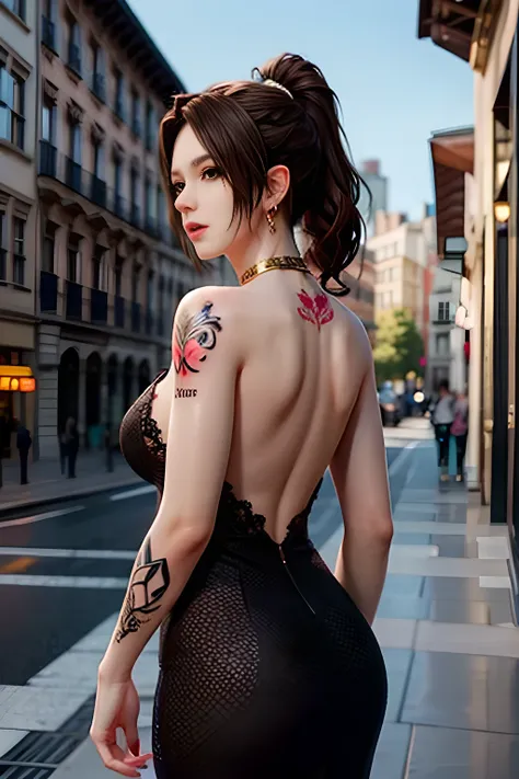 Wearing a black backless lace dress, (tattoo_woman:1.4) stands on a city street with European-style buildings in the background.updo, Her dress is beautifully designed with red lace on the hem and cuffs, creating a sense of luxury. She wears gold earrings ...