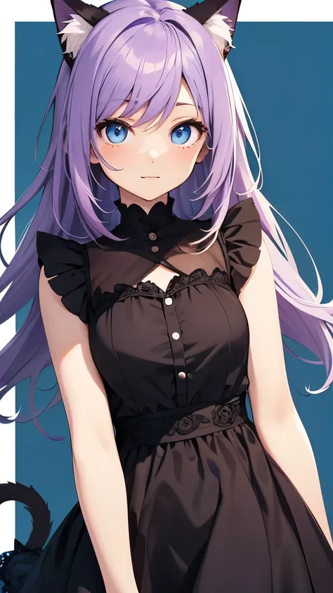 Anime girl character with purple flowing hair, blue eyes with cat ears and wearing a dress, with a background
