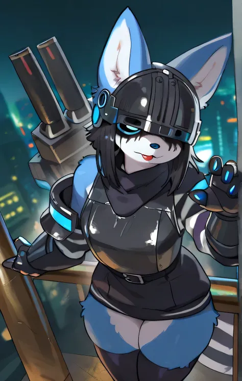 in, top quality,  masterpiece、furry, Female Emo、is tall、 visor、Blue Powered Armor、 black helmet、in a dark cyberpunk tower、battle、shoulder cannon、night