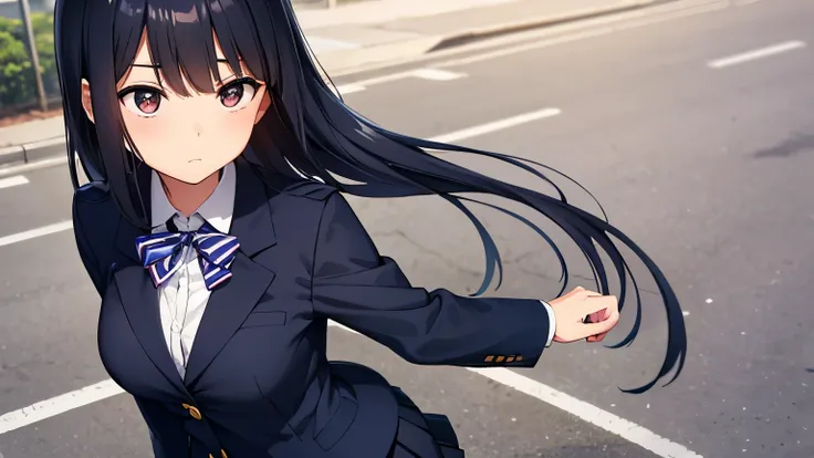 Best picture quality, very high quality, One Japanese woman, cute, tall, long black hair, medium breasts, standing in school yard, navy blue blazer uniform, navy blue pleated skirt, navy blue short socks, frightened face (0.5)