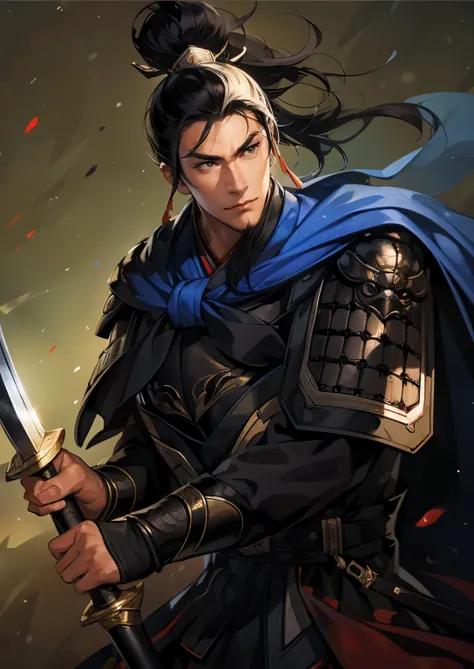 (((Maintain color ))), ((( picture style maintenance ))), ((Maintain the composition)), Attractive Man , perfect face, ((black eyes)), (( black hair)), A general in Chinese armor, Man wielding a sword, warrior