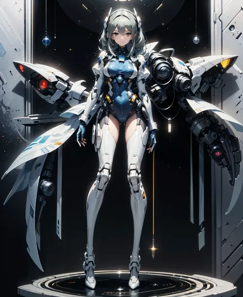 ((Holographic Glow Effect))、  Gundam Wing Cockpit, Lantern、masterpiece、Highest quality、1 person、medium bust、((Album Cover))、Light on Face、slender body、white and blue pilot suit with enamel finish、  elbow length gloves  、long hard boots 、exoskeleton、Metal G...