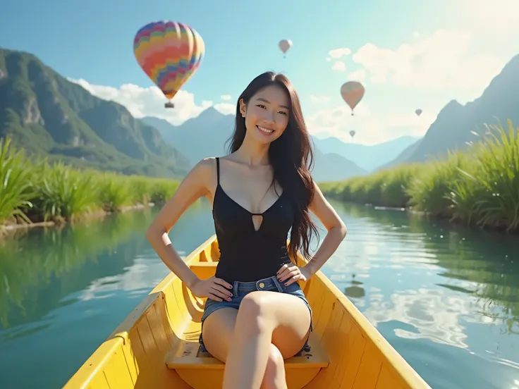 The image of a Thai woman with long hair, white face, white skin, big breasts, beautiful figure, beautiful slender legs. She wears a black doll bodysuit and a pair of short jeans at the bottom on a yellow canoe floating on a clear river. On both sides of t...