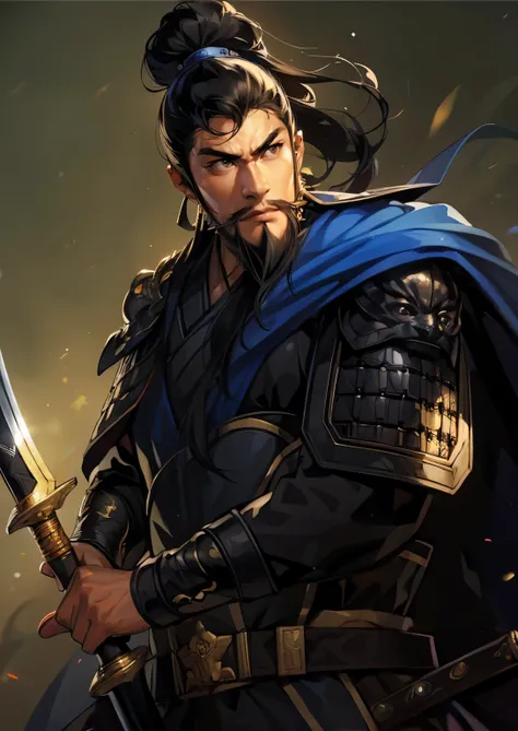 (((Maintain color ))), ((( picture style maintenance ))), ((Maintain the composition)),  Attractive Man , perfect face, ((black eyes)), (( black hair)), (rich beard), A general in Chinese armor, Man wielding a sword, warrior, 