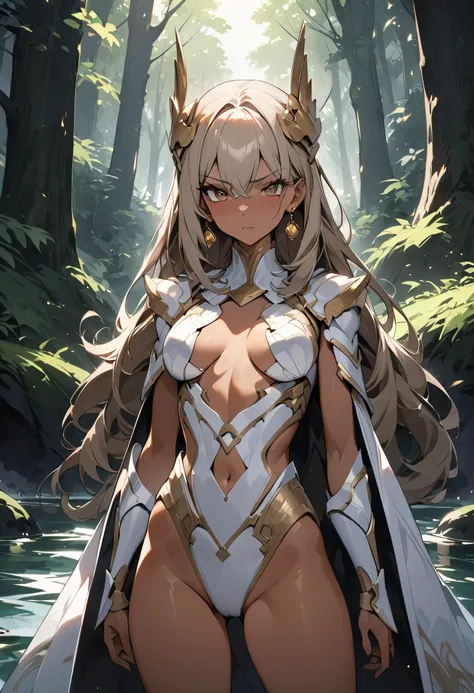 ((Greatest Masterpiece,Ultra High Quality:1.2)),(super resolution),(solo),cowboy shot,Dense forest,A slender empress standing on the river,beautiful faces, healthy tan skin ,Light brown long hair,Perfect brown eyes, serious expression,high quality white bi...