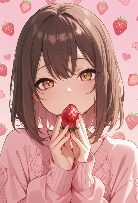 aruhshura, masterpiece, best quality, amazing quality, anime screencap, brown hair, soft pink background, strawberry background, heart motif, cute aesthetic, pastel colors, warm and sweet atmosphere, detailed strawberries, floating hearts, soft lighting, a...