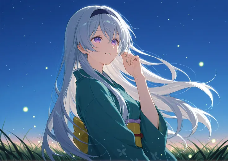 In the view of the expanse of grass that looks like a fairyland, spread out wide forming a concave expanse, accompanied by the soft dim light of fireflies scattered across the expanse,the beautiful night sky is filled with dim stars and colorful but not da...
