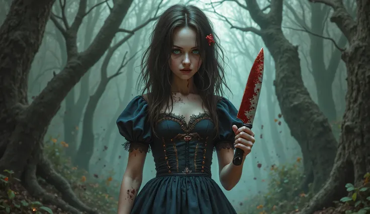 A realistic portrait of Alice from American McGee's Alice.  A girl with pale skin , bright green eyes and disheveled dark brown hair. full length. Gothic style in the center: a torn black and blue dress with lace inserts, curled edges and abrasions. A bloo...