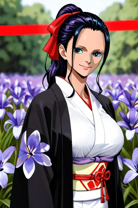 ((NICO ROBIN_anime style)),((Very nice smile))、((Direct your gaze this way))、1 girl,NsfW,(one peace wanokuni edition)、((ponytail、Red ribbon on the tie)) 、((they say olobi))、A very sexy mini kimono　dress with a large slit、(((Kimono obi)))、(((The white kimon...