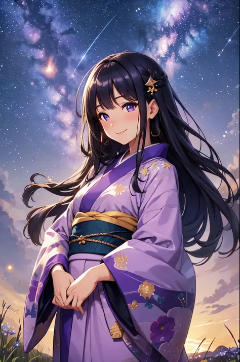 (High quality, High resolution, Fine details), Meadow on a small hill, starry night sky, shooting star, purple kimono, solo, curvy adult women, sparkling eyes, (Detailed eyes:1.2), smile, blush, Oily skin, Fantastic lighting, Soft tones, shallow depth of f...