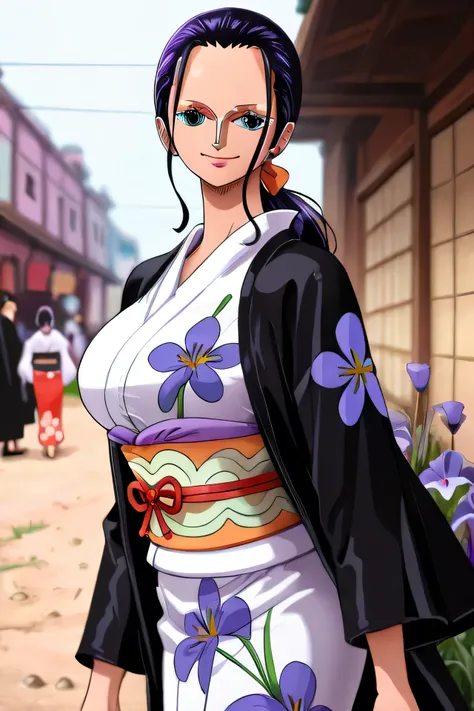 ((NICO ROBIN_anime style)),((Very nice smile))、((Direct your gaze this way))、1 girl,NsfW,(one peace wanokuni edition)、((ponytail、Red ribbon on the tie)) 、((they say olobi))、A very sexy mini kimono　dress with a large slit、(((Kimono obi)))、(((The white kimon...