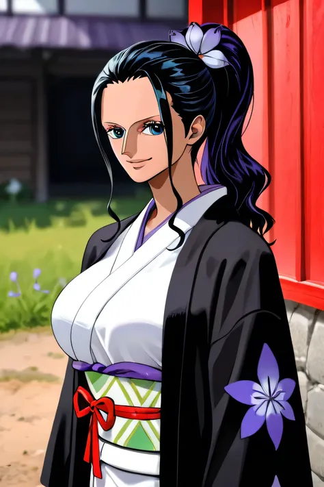 ((NICO ROBIN_anime style)),((Very nice smile))、((Direct your gaze this way))、1 girl,NsfW,(one peace wanokuni edition)、((ponytail、Red ribbon on the tie)) 、((they say olobi))、A very sexy mini kimono　dress with a large slit、(((Kimono obi)))、(((The white kimon...