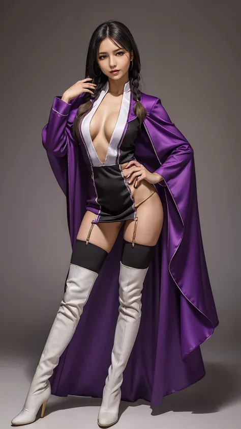 (masterpiece), best quality, expressive eyes, perfect face, solo woman, HD, dance posing,  cold eyes, smile warm, fasalina, long purple dress, boots, purple robe thin, front double braids, full dress, milf, Fasalina, slim body woman, long black hair, tall ...