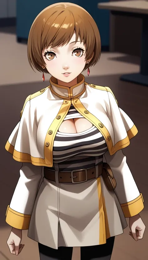 score_9, score_8_up, source_anime 1 girl, solo, cute face, p4chie, satonaka chie, short hair, brown hair p4chie-winuni, earrings, white capelet, striped shirt, long sleeves, belt, white skirt, medium skirt, black pantyhose, close pov view, anatomically cor...