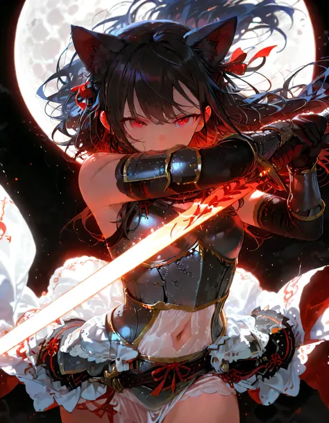 1girl (intricate armor), anime girl is holding a sword on a dark background under moon light, weapon, sword, 1girl, animal ears, black hair, long hair, extra ears, holding weapon, holding sword, holding, moon, ribbon, hair ribbon, navel,,,,See-through wais...