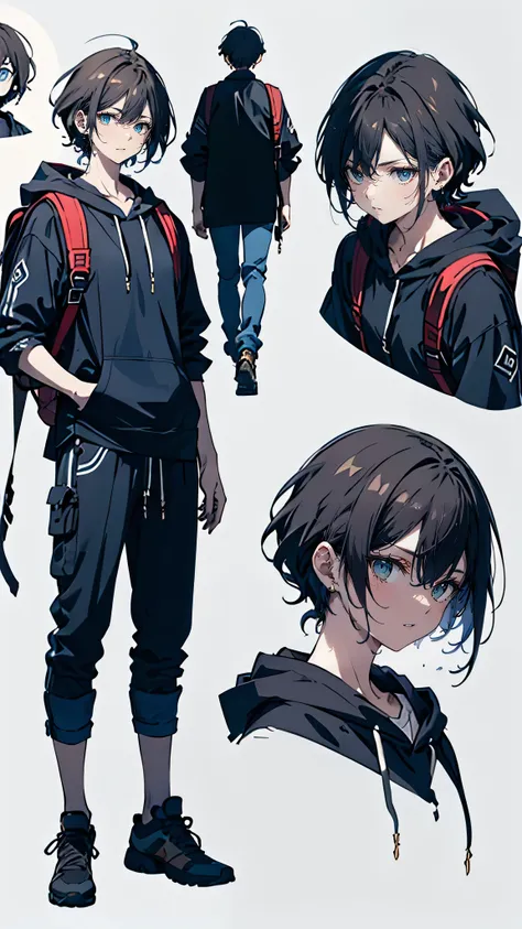 anime character sheet, a age boy with a serious and determined expression, short slightly messy dark hair, sharp blue eyes, strong jawline, wearing a worn-out hoodie over a t-shirt, well-used backpack, holding an old flashlight, defensive stance as if prot...