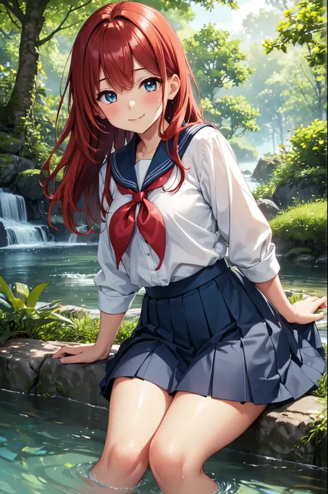 (High quality, High resolution, Fine details), The background features lush greenery, sunlight filtering through trees and reflecting on the water's surface, small stream in a natural setting, splashes the water with her feet, sailor school uniform, white ...