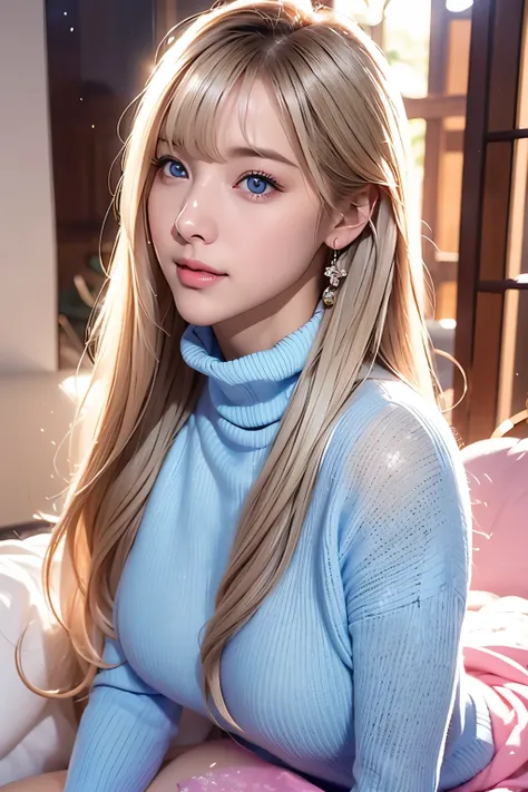 1 girl、((virgin killer sweaters))、blue sky、Bright and very beautiful face、 young, shiny white skin、Great looks、Pink-blond hair that reflects light vividly、Has beautiful shiny blonde hair、  very long, silky straight hair  、 long bangs、Very beautiful、big,  c...