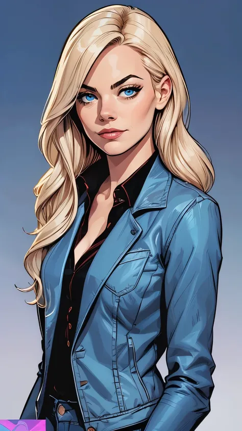 (cartoon style:1.2), cartoon comics style 1.2,Stuning artistic pin-up Emma stone very very beautiful very sexy is Gwen stacy, Beautiful skin, blue eyes, very beautiful glamorous and elegant jacket very low-cut, very beautiful very generous chest, blue deni...