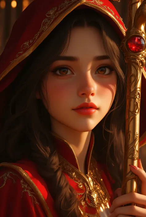  young woman, rounded features, dark brown eyes with long dark brown hair, Do you have freckles on your face just around the nose, is high, She wears a red tunic with gold embroidery, is standing holding a sorcerer's staff with a red ruby on one end of the...