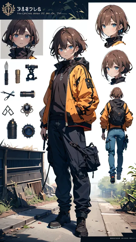 anime character sheet, full body illustration, a young boy around , short slightly spiky dark brown hair, bright curious eyes, wearing a bright-colored jacket and cargo pants filled with exploration tools, pocket knife and flashlight in hand, energetic and...