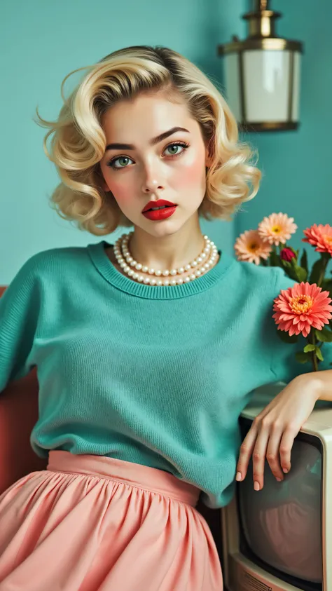 8k, Masterpiece, Top Quality, Retro, 1950s style, blonde woman with curled hair, red lipstick, pearl necklace, teal sweater, pink skirt, vintage television set, pastel colors, peach and coral flowers, turquoise background, soft lighting, nostalgic atmosphe...