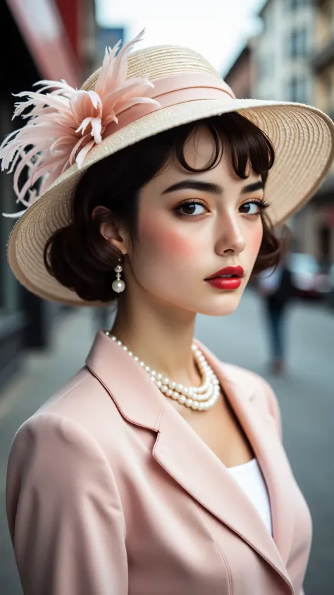 8k, Masterpiece, Top Quality, Elegant, vintage, pale pink fascinator hat with feathers, pearl necklace, soft pink tailored jacket, 1950s hairstyle, red lipstick, city street backdrop, feminine glamour, high-fashion portrait, soft focus, muted colors, cinem...