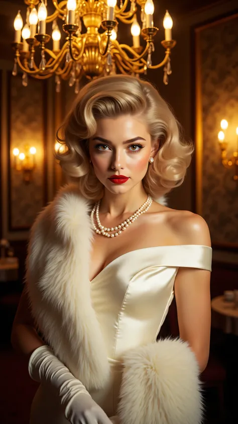 8k, Masterpiece, Top Quality, Glamorous, 1950s Hollywood, starlet, blonde updo, red lipstick, pearl necklace, white satin gown, fur stole, long white gloves, elegant chandelier, ornate wallpaper background, golden warm lighting, vintage glamour portrait, h...