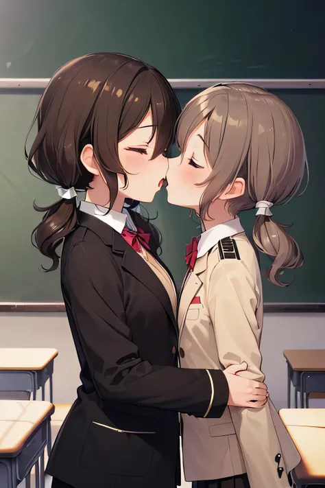 (1girl:1.5),(high quality:1.5),((((Petite:2.5)))),,(dark brown color hair:1.5),(Short High twin tail hair:2.0),(Wavy hair:1.8),,(verysmall breasts:1.5),(khaki color school blazer:1.2),(kissing:1.2),(close eyes:1.2),
,(open mouth:1.2),(While taking off my j...